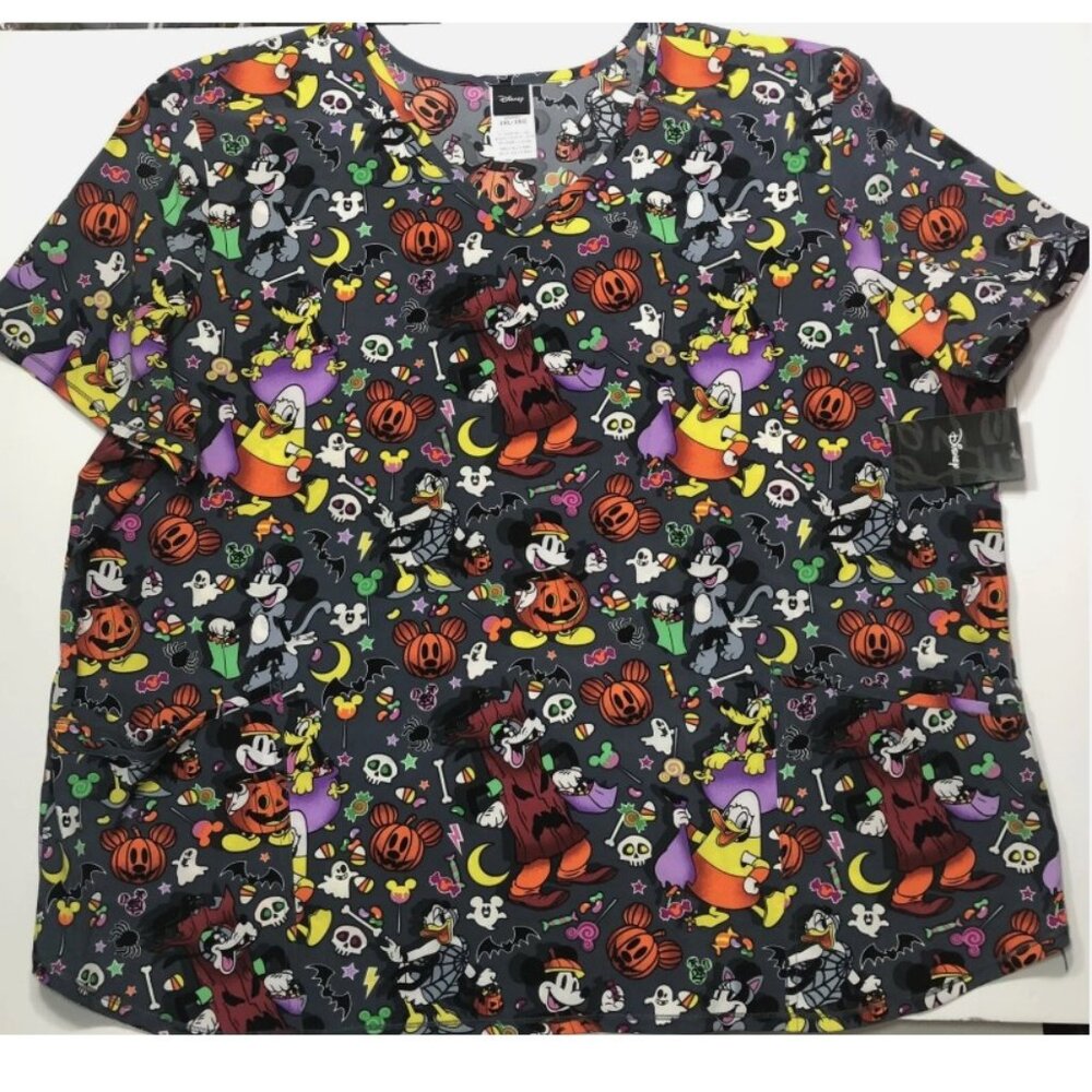 Womens Scrub Top Disney Mickey Mouse and Friends Candy Fun Halloween 3XL